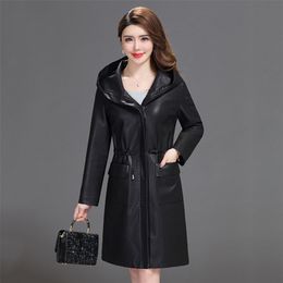 Women Hooded Faux Leather Long Jacket New Ladies Washed Leather Trench Coats Female Loose Zipper Outerwear Clothing Plus SIze LJ201012