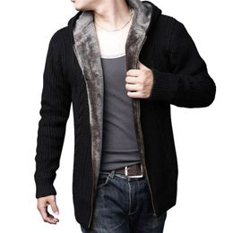 Fashion men's Hooded Sweater jacket winter Mens Wool Velvet lining Cardigan male Solid Colour Thick Warm knitting outwear Top 5XL 201105