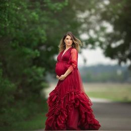 Ruffles Bury V Neck Tulle Maternity Gown for Photoshoot Prom Dresses Puffy Robe Bathrobe Illusion Sleeve