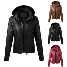 Fake Leather Pu Women Coat Jacket Hoodies Long Sleeve Zipper Lady Jacket Outerwear Overcoats Windproof Waterproof Hood Coat D30 210201