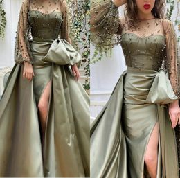 2021 Long Poet Sleeves Prom Dresses Pearls Beaded Tulle Ruffles High Split Overskirt Custom Made Evening Party Gowns Vestidos 403 403