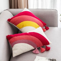 Tassels Cushion Cover Cute Rainbow Embroidery Pillow Case Cover 45x45cm/30x50cm Stylish Home Decoration Kids Room 210201
