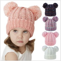 New Arrival Kids Woollen Caps Cute Children Knitted Double Balls Hats Autumn Winter Girls Hat Child Cap