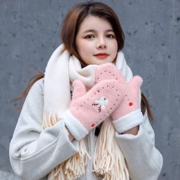 Christmas Knitted Full Finger Gloves Women Winter Cute Cartoon Elk Embroidery Thicken Plush Lined Mittens Outdoor Hand Warmer