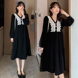 Maternity Dresses Autumn Dress Fashion Lace Patchwork Long Sleeve V-neck For Pregnant Women Pregnancy Loose Clothes