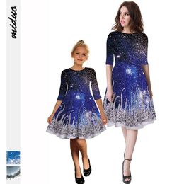 Night Sky Star Mother Daughter Dresses Matching Christmas Pyjamas Family Look Baby Girls Princess Wedding Dress Long Sleeve LJ201111