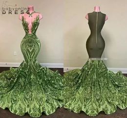 Sparkly Sequin Olive Green Mermaid African Prom Dresses Black Girls Long Graduation Dress Plus Size Formal Evening Gowns DHL