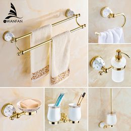 Bathroom Accessories Bath Hardware Set Golden Color Toilet Paper Holder Towel Rack Tissue Holder Cup Holder Robe Hook 5200K LJ201211