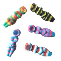 Six Women Colourful Silicone Smoking Pipe With Insert Glass Bowl Unbreakable Hand Pipe Food Grade Silicone Tobacco Pipe