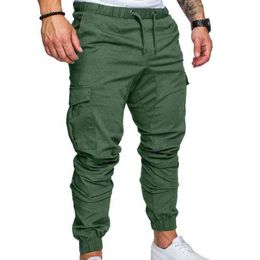Men Pants Casual Solid Color Pockets Waist Drawstring Ankle Tied Skinny Cargo Pants MenClothing Streetwear Pants H1223