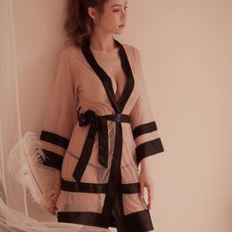 Sexy Bathrobe Temptation Transparent Mesh Gowns Sleepwear Woman Bridal Robes Long Sleeve Gauze Robe Dressing Gown 210203