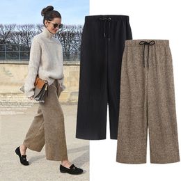 Winter Woollen Pleated Elastic Waist Loose Women For Autumn Black Wide Khaki Ankle-Length Pants 201031