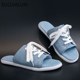 Brand Slippers Women Denim Slippers Summer Lace Up Slides Flat Sandals Non-slip Casual Flip Flops Beach Flats Sh X1020