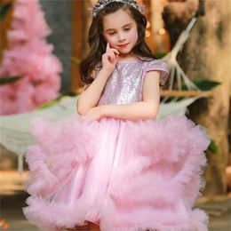 O Neck Flower Girl's Dresses Cap Sleeve Sequins Top Pageant Gowns Ruffles Knee Length Girl Birthday Party Dress