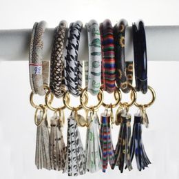 Tassel Bracelet Keychain PU Leather Wristlet Keyrings Bohemia Printed Stripes Key Ring Holder Women Girls Jewellery 24 Designs BT4556