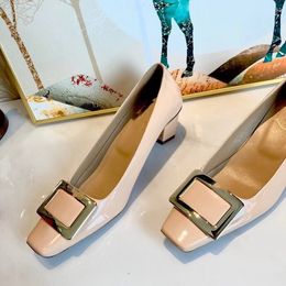 Hot Sale- High-heeled shoes for women with thick leather square toe buckle and shallow mouth patent leather all-match Fairy style single sho