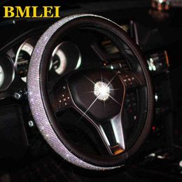 Bling Stones Crystal Car Steering Wheel Cover Pu Leather Steering Wheel Covers Car Accessories Case Car Styling J220808