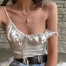 Satin Cami Tops Elegant Ruched Spaghetti Straps Low Cut Lace Up Chiffon Crop Top Sexy Women 2020 Summer Fashion Beach Top Y220308