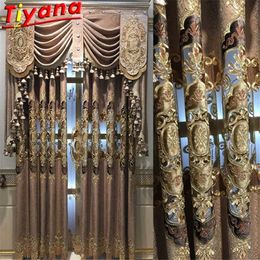 Nordic Palace Luxury Embroidered Semi-Blackout Curtain for Living Room Brown/Blue Chenille Geometry Villa Window Drapes #ST LJ201224