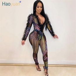 HAOYUAN Sexy Two Piece Ruffle Mesh Sheer Bodysuit Women Festival Clothes Elegant Club Long Sleeve Bodycon Romper Overalls Pants T200608