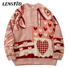 LENSTID Men Hip Hop Knitted Jumper Sweaters Heart Colour Block Streetwear Harajuku Autumn Loose Fashion Casual Pullovers 220108