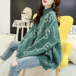 Moda a righe allentato maglione dolcevita femminile manica lunga di grandi dimensioni cuciture pigro maglione pullover donna autunno inverno 201031