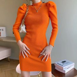 Spring Autumn Women Vintage Puff Sleeve Dresses Fashion New Woman Winter Knitted Bottoming Dress Casual Slim Bodycon Dres Y0118