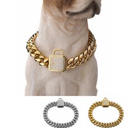 New Diamond Buckle Dog Chain Metal Stainless Steel Pet Dog Gold Collar 14MM Thick Dog Chain