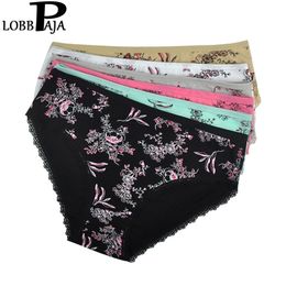 LOBBPAJA 6 PCS/lot Women Underwear Cotton Mid Waist Floral Print Sexy Lace Ladies Panties Briefs Lingerie Plus Size for Women A5 201112