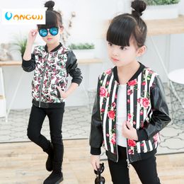 girls leather coat children's fashion pu jacket 3-9 years old girl round neck print flowers camouflage artificial kids outwear 201126