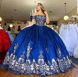 2021 New Vintage Royal Blue Quinceanera Dresses Off Shoulder Satin Lace Appliques Plus Size Puffy Ball Gown Party Prom Evening Gowns
