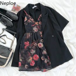 Neploe Korean Two Pieces Set Women Short Sleeve Blazer Coat + V Enck Sleeveless Stretch High Waist Floral Sling Dress Suit LJ200907