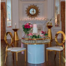 decoration modern golden stainless steel frame mirror glass top round banquet wedding table seny876