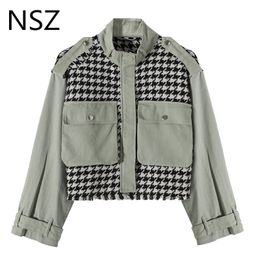 NSZ women oversized tweed houndstooth patchwork army green cropped top jacket tassel coat fall fashion outerwear streetwear 201127