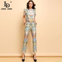 LD LINDA DELLA 2020 Summer Fashion Suits Women's Casual Short Sleeve T-shirt and Elegant Animal Printe Long Pants Two Pieces Set T200702