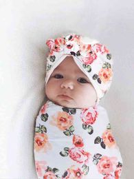 Newborn Girl Flower Print Wrap Blanket & Hat Photo Outfit SHE