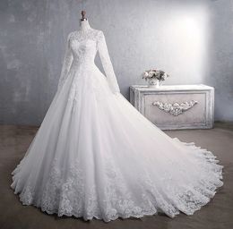 Real Po Princess Luxury Lace Wedding Dresses High Collar Long Sleeves Appliqued Celebrity Ball Gown Bridal Gowns Muslim vestido290i