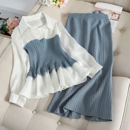 Autumn Fashion Two Piece Set Women Blouse Patchwork Pullover Knitwear And Split Slim Knit Mid Skirt Women Elegant Suits 201130