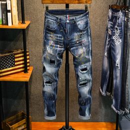 Новые джинсы тощие джинсы разорванные джинсы для мужчин эластичные краски тонкие брюки мужские одежды бедра хип-хоп уличная одежда весна осень синий 201111