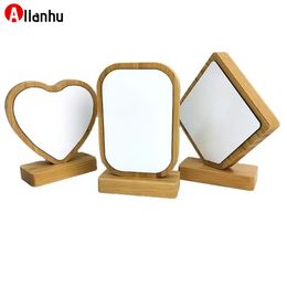 NEW! Stock Bamboos Sublimation Blank Photo Frame With Base DIY Double Sided Wood Love Heart Round Frames Magnetism Picture Painting Decoration