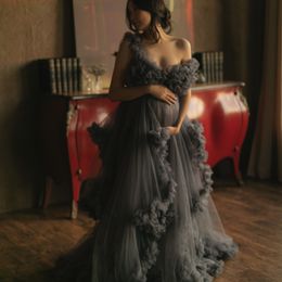 Dark Grey Maternity Sleepwear Tiered Ruffled Nightgowns for Photoshoot Boudoir Lingerie Tulle Bathrobe Nightwear Babydoll Robe