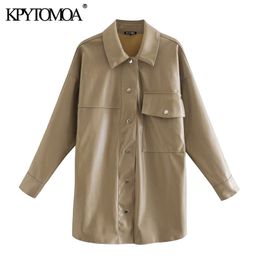 KPYTOMOA Women 2020 Fashion Faux Leather Pockets Oversized Jacket Coat Vintage Long Sleeve Side Vents Female Outerwear Chic Tops LJ201012