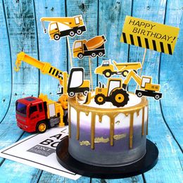 Excavator Cake Toppers DIY Road Sign Cupcake Topper Bulldozer Cake Flags Kids Happy Birthday Wedding Bride Party Baking Decor Y200618