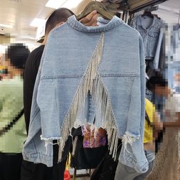 DEAT Autumn Light Blue Denim Pockets Diamonds Tassel Short Cropped Jacket Women Free Size Loose Coat MG075 201112