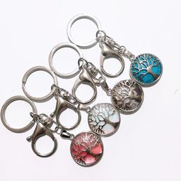 2022 Natural Stone Key Rings Hollow Tree of Life Keychain Pink Tinger's Eye Gemstone Rose Quartz Car Bag Pendant Keyring Jewellery Women Men