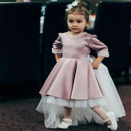 Setwell Jewel A-line Flower Girl Dress 3/4 Long Sleeves Beaded Lace Appliques Tea Length For Wedding Girl Pageant Gowns