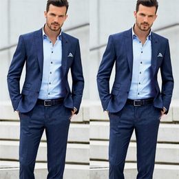 Dark Blue Beach Groom Tuexdos Custom Made Men Suits For Wedding Two Buttons Prom Formal Occasion Tuxedos ( Jacket+Pant) 201106