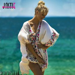 -Casual Kleider Jastie V-Ausschnitt Floral Bestickte Kaftan Kleid Sommer Strand Vestidos Batwing Sleeve High-Low Saum Boho Lose Frauen Kleider1