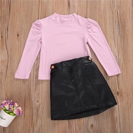 New Kids Baby Girls Long Sleeve Tops + Short Leather Skirt Simple Solid Colour Style Fold Decoration Spring