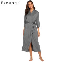 Ekouaer Long Robe Dressing Gown V Neck Long Sleeve Robe Sleepwear Nightgown Bathrobes Women Solid Casual Comfortable Loose Robes 210203